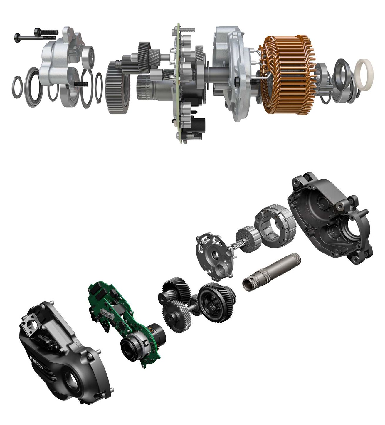 Infografías de un motor Bosch arriba y un Shimano abajo en la que se aprecian todos los engranajes y piñones