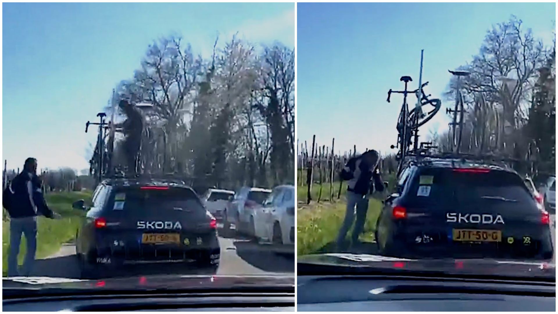 Dos espectadores borrachos asaltan en plena carrera el coche del Visma