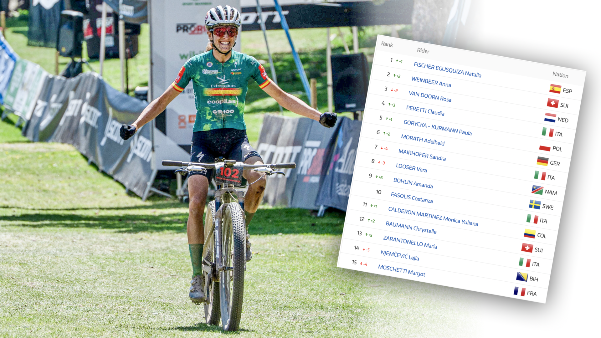 La campeona de España, Natalia Fischer (Extremadura-Ecopilas), cruzando la meta exultante